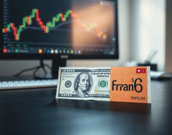 US dollar and Swiss franc banknotes on a desk with a forex chart in the background.