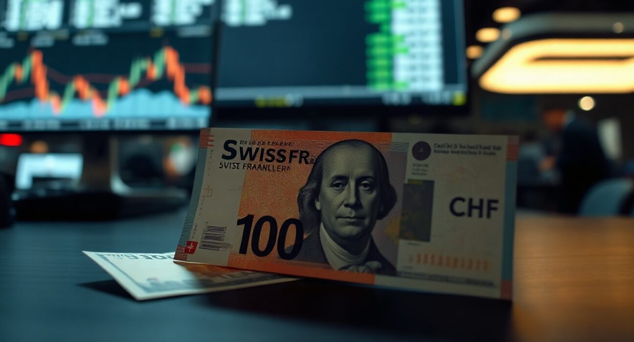 Swiss Franc and US dollar banknotes on a desk, representing currency market volatility and geopolitical events