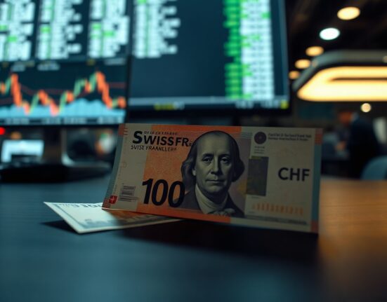 Swiss Franc and US dollar banknotes on a desk, representing currency market volatility and geopolitical events