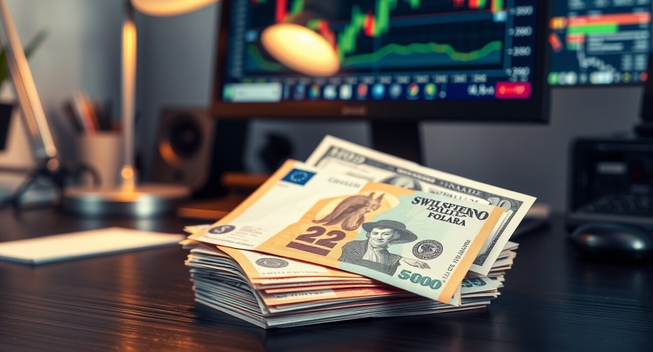 Swiss franc and US dollar banknotes on a desk, representing currency market movements.