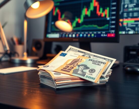 Swiss franc and US dollar banknotes on a desk, representing currency market movements.