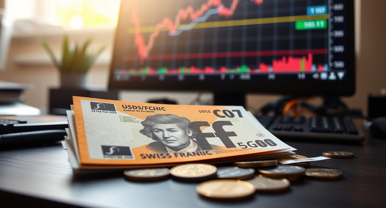 Swiss franc banknotes and coins with a forex chart showing an upward trend in the background.