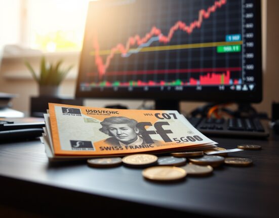 Swiss franc banknotes and coins with a forex chart showing an upward trend in the background.