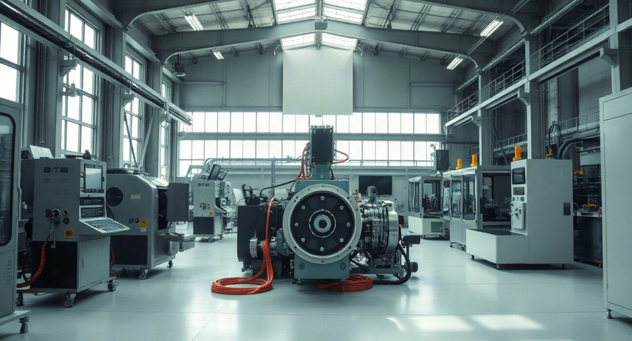 Interior of a modern Swiss manufacturing facility with automated machinery