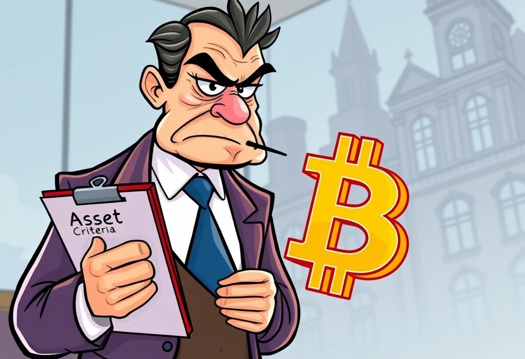 A cartoon illustrating the Swiss National Bank's decision regarding Bitcoin not meeting its asset criteria, highlighting the central bank's stance.