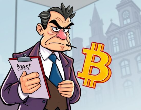 A cartoon illustrating the Swiss National Bank's decision regarding Bitcoin not meeting its asset criteria, highlighting the central bank's stance.