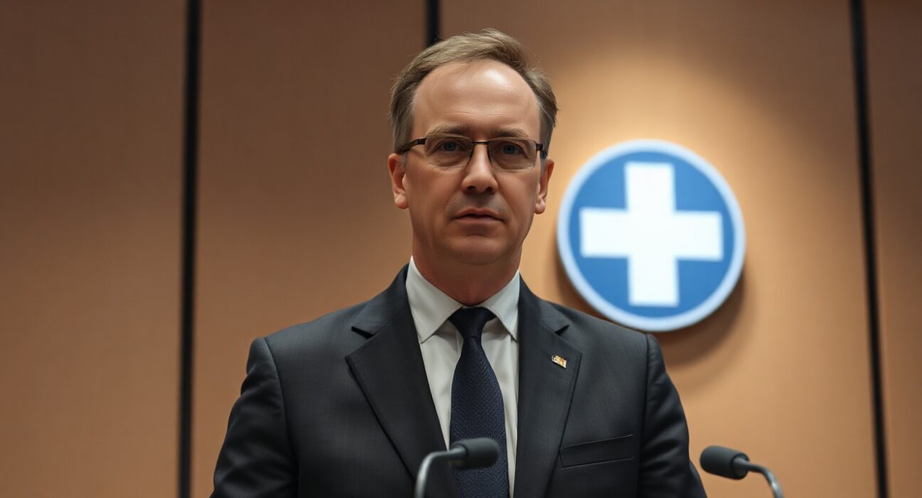 Swiss National Bank board member Martin Schlegel speaking at a press conference about inflation outlook.