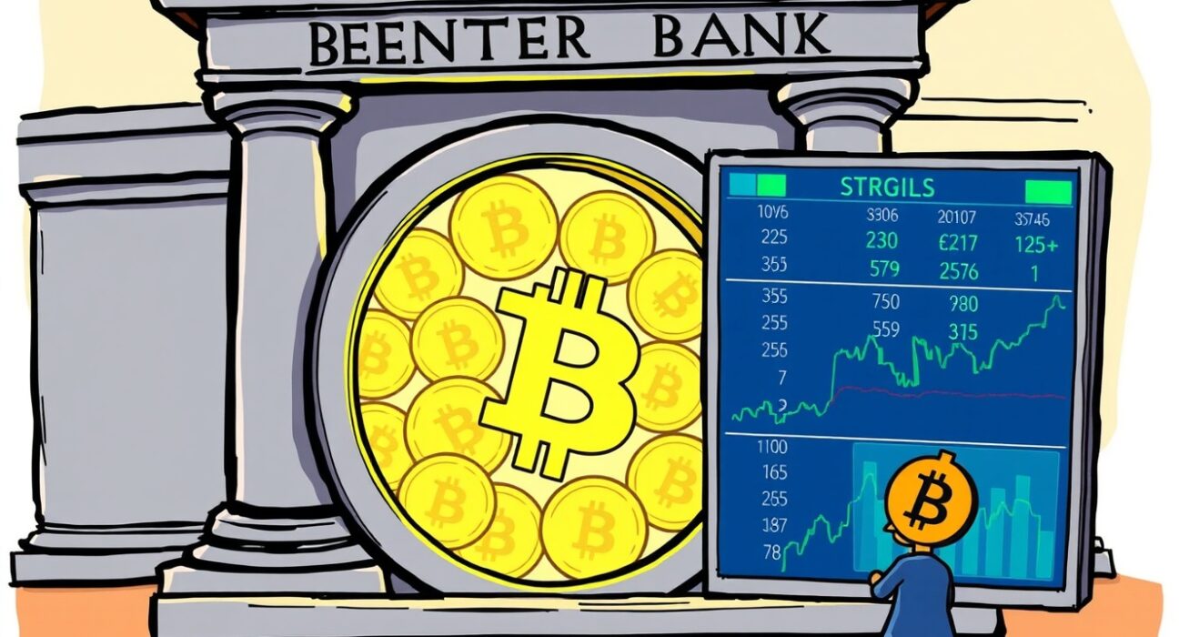 A cartoon central banker observing charts, symbolizing the Swiss National Bank MicroStrategy stock investment and its indirect Bitcoin exposure.