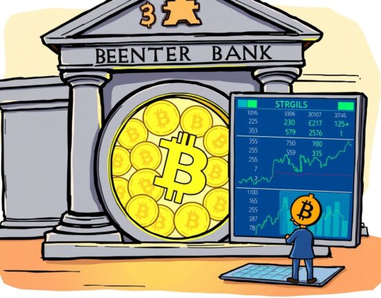A cartoon central banker observing charts, symbolizing the Swiss National Bank MicroStrategy stock investment and its indirect Bitcoin exposure.