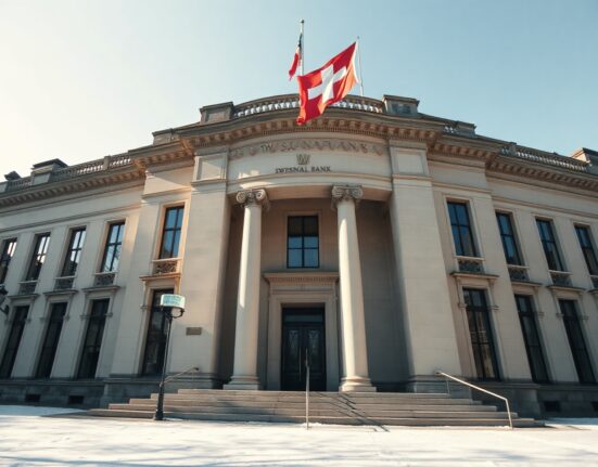 Swiss National Bank headquarters in Bern, Switzerland, on a clear winter morning.