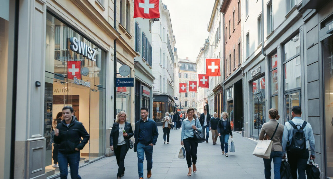 Shoppers on a Swiss retail street with storefronts, representing the rise in retail sales