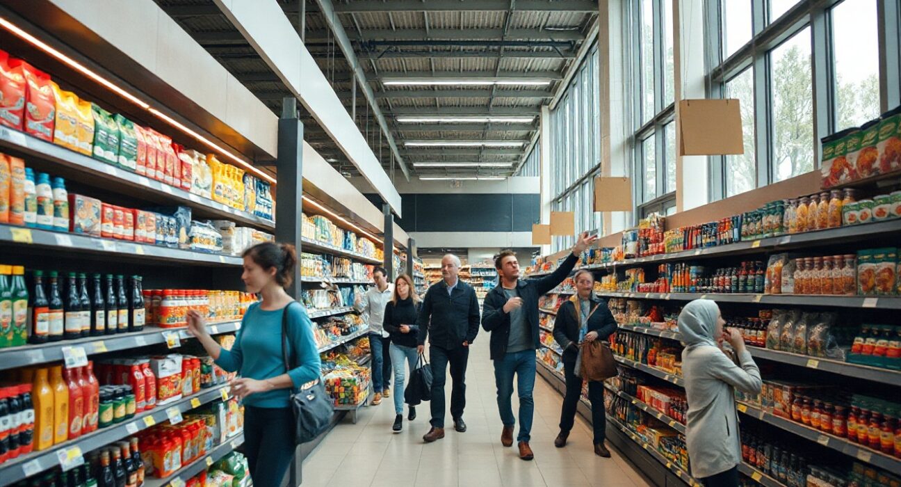 Shopper in a Swiss supermarket with shelves of products, illustrating retail sales activity.