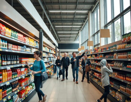 Shopper in a Swiss supermarket with shelves of products, illustrating retail sales activity.