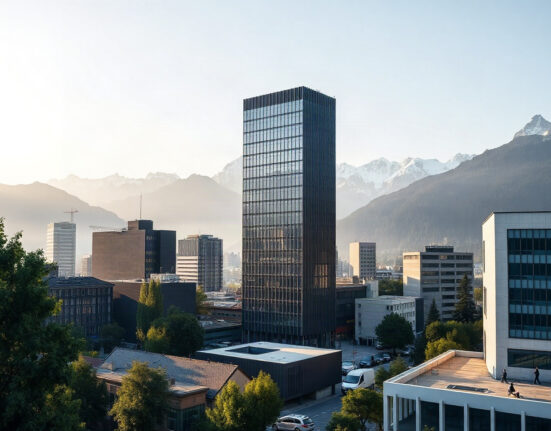 Zurich financial district with Swiss Alps in background on a clear morning