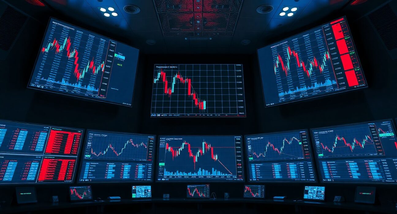 Swissquote trading floor with screens showing declining crypto chart