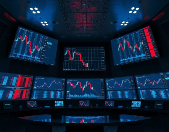 Swissquote trading floor with screens showing declining crypto chart