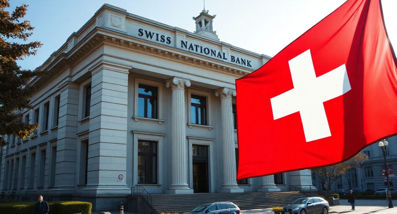 Swiss National Bank building in Bern on a sunny day with Swiss flag