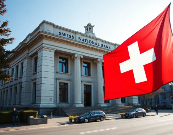 Swiss National Bank building in Bern on a sunny day with Swiss flag