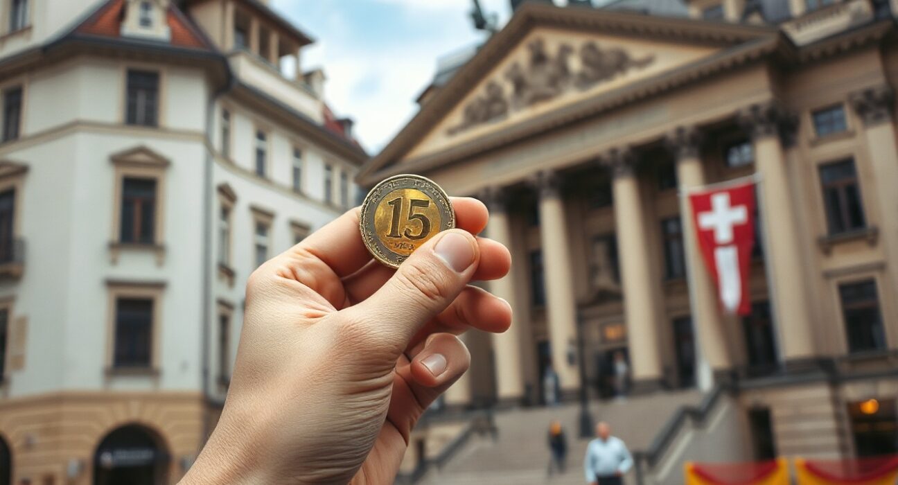 Swiss franc coins and banknotes with a blurred city background, representing inflation data