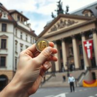 Swiss franc coins and banknotes with a blurred city background, representing inflation data