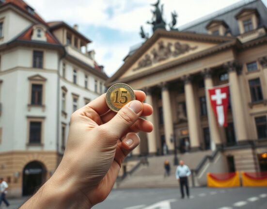 Swiss franc coins and banknotes with a blurred city background, representing inflation data