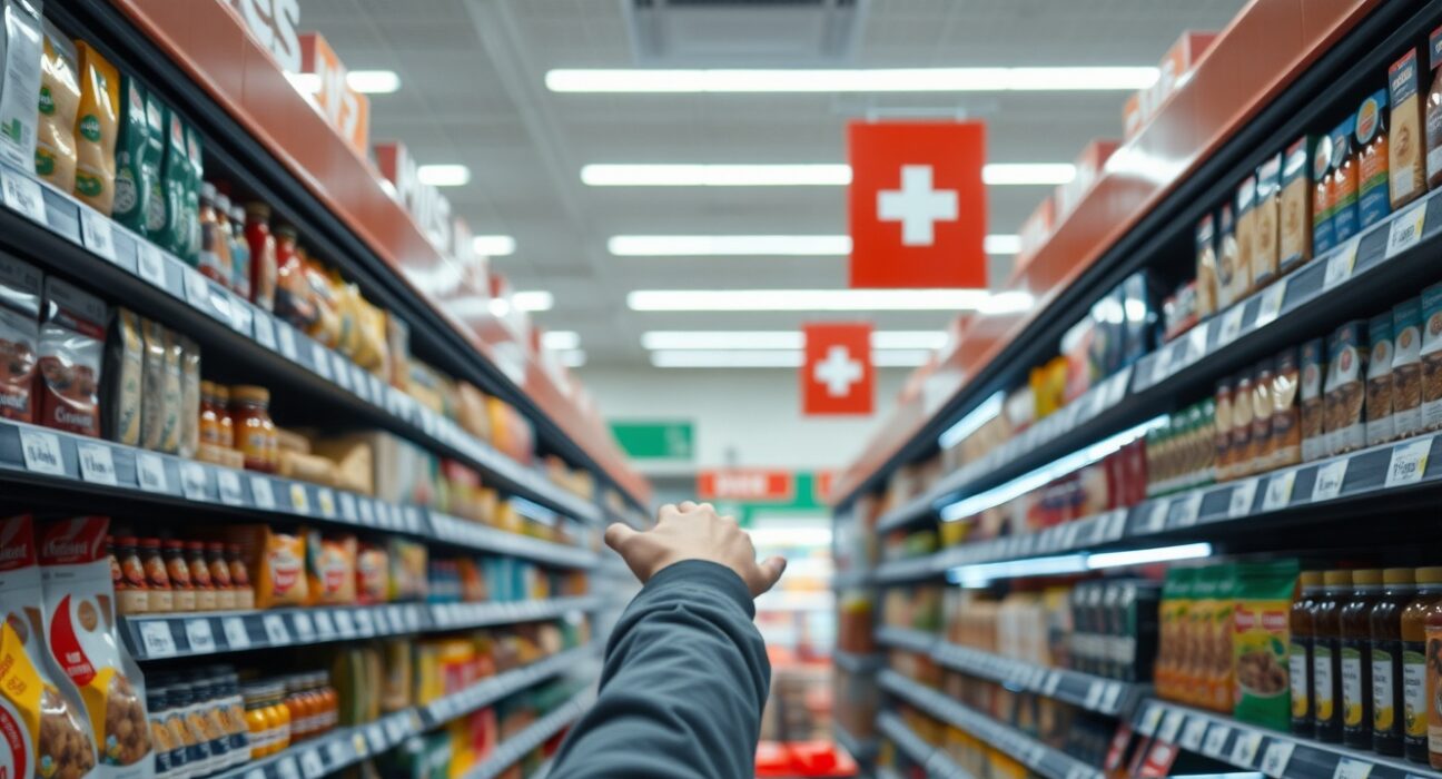 Swiss grocery store aisle with price tags, illustrating consumer price index data for June