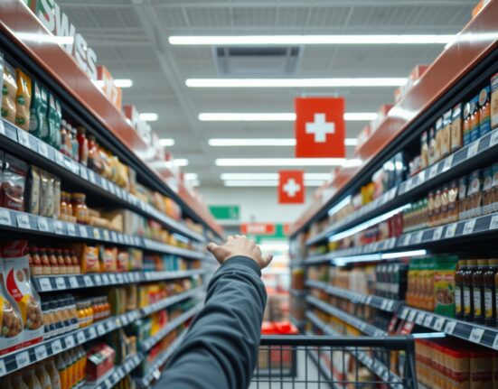 Swiss grocery store aisle with price tags, illustrating consumer price index data for June
