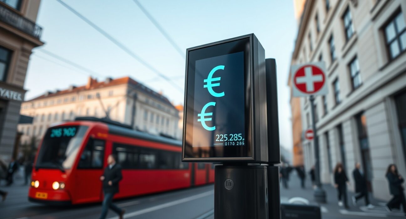 Digital display showing Swiss Franc financial data on a Zurich street with clear sky and modern buildings