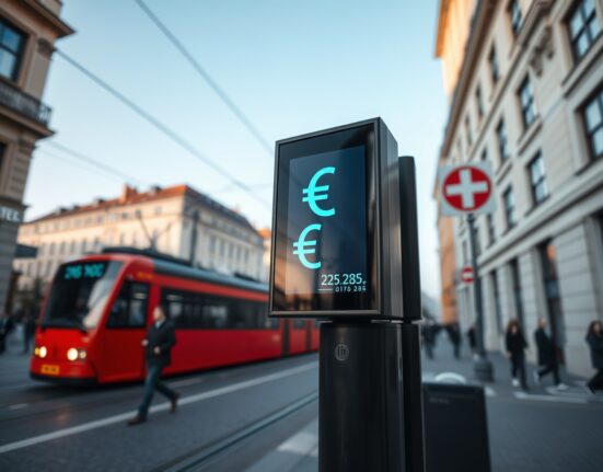 Digital display showing Swiss Franc financial data on a Zurich street with clear sky and modern buildings