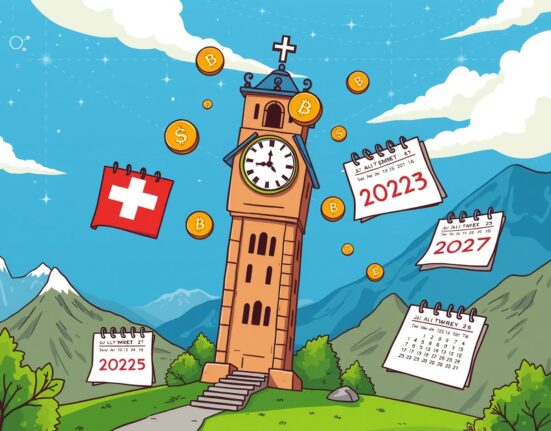Switzerland delays crypto tax data sharing showing calendar transition and digital currency symbols
