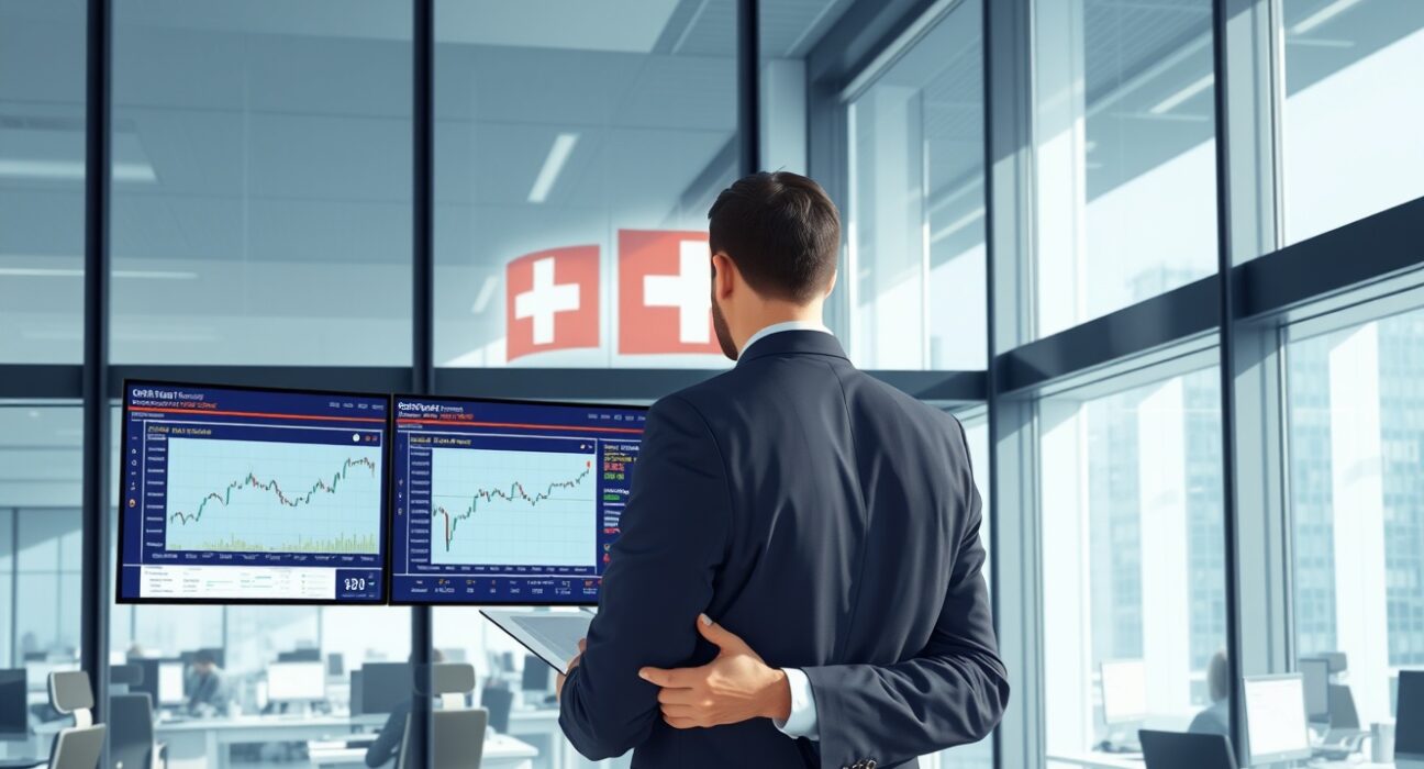 Financial analyst in Zurich reviewing cryptocurrency fund flow data showing Switzerland's dominant position in digital asset investments.