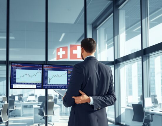 Financial analyst in Zurich reviewing cryptocurrency fund flow data showing Switzerland's dominant position in digital asset investments.