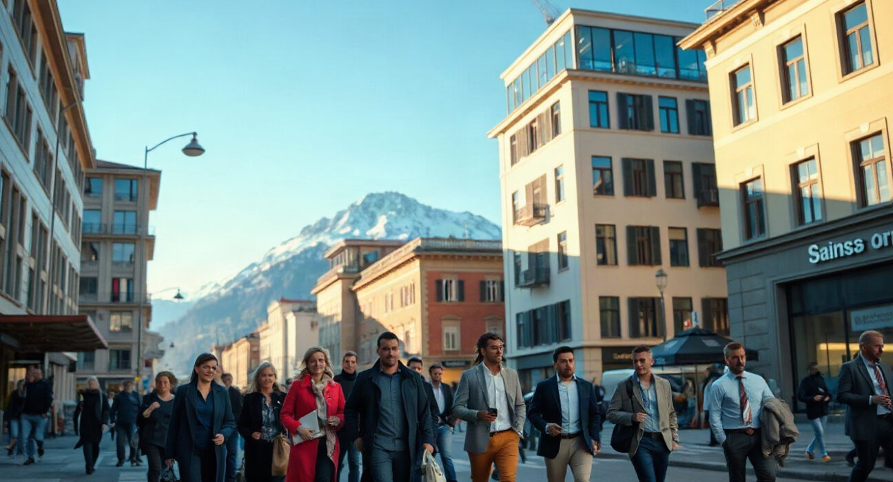 Swiss professionals walking in a city street with office buildings and Alps in background