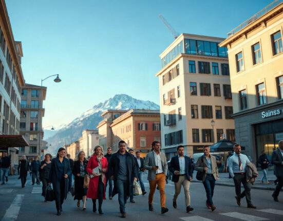 Swiss professionals walking in a city street with office buildings and Alps in background