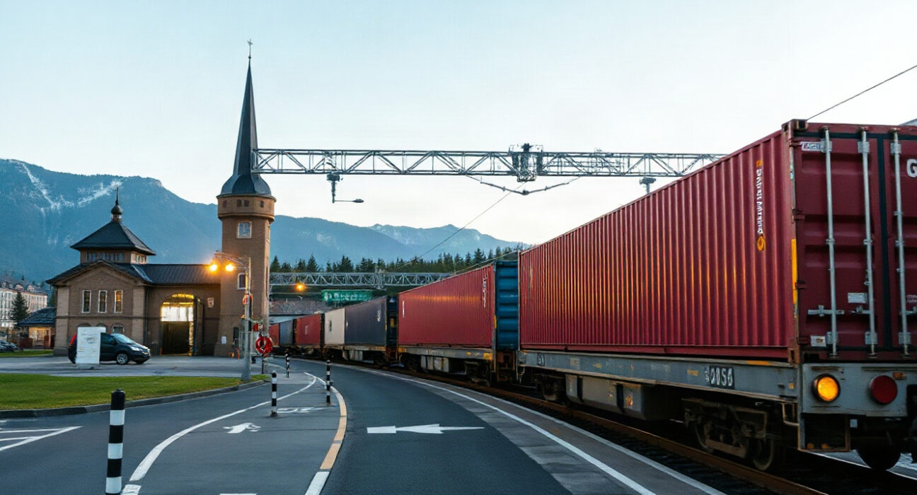 Freight train carrying containers at Swiss border crossing, representing export activity