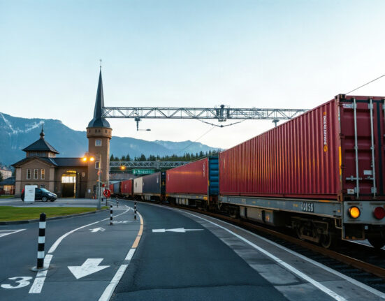 Freight train carrying containers at Swiss border crossing, representing export activity