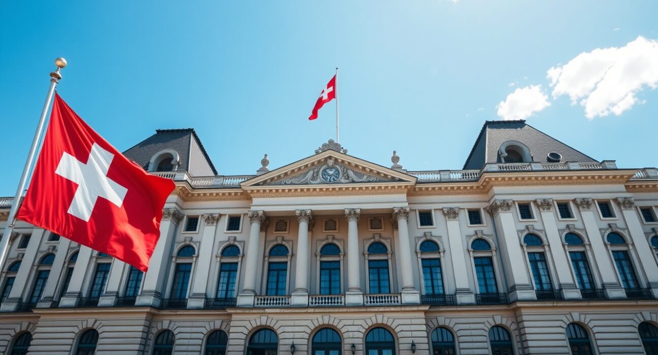Swiss Federal Palace in Bern under a clear blue sky with Swiss flag, representing political stability and economic growth.