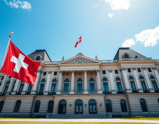 Swiss Federal Palace in Bern under a clear blue sky with Swiss flag, representing political stability and economic growth.