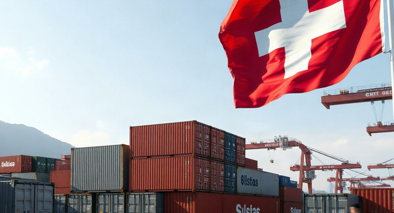 Cargo containers at a Swiss customs area, representing import activity.