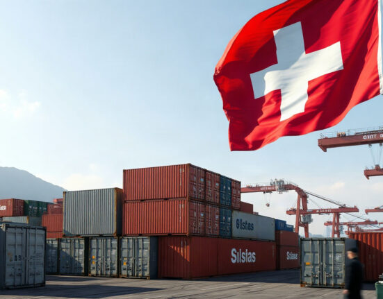 Cargo containers at a Swiss customs area, representing import activity.