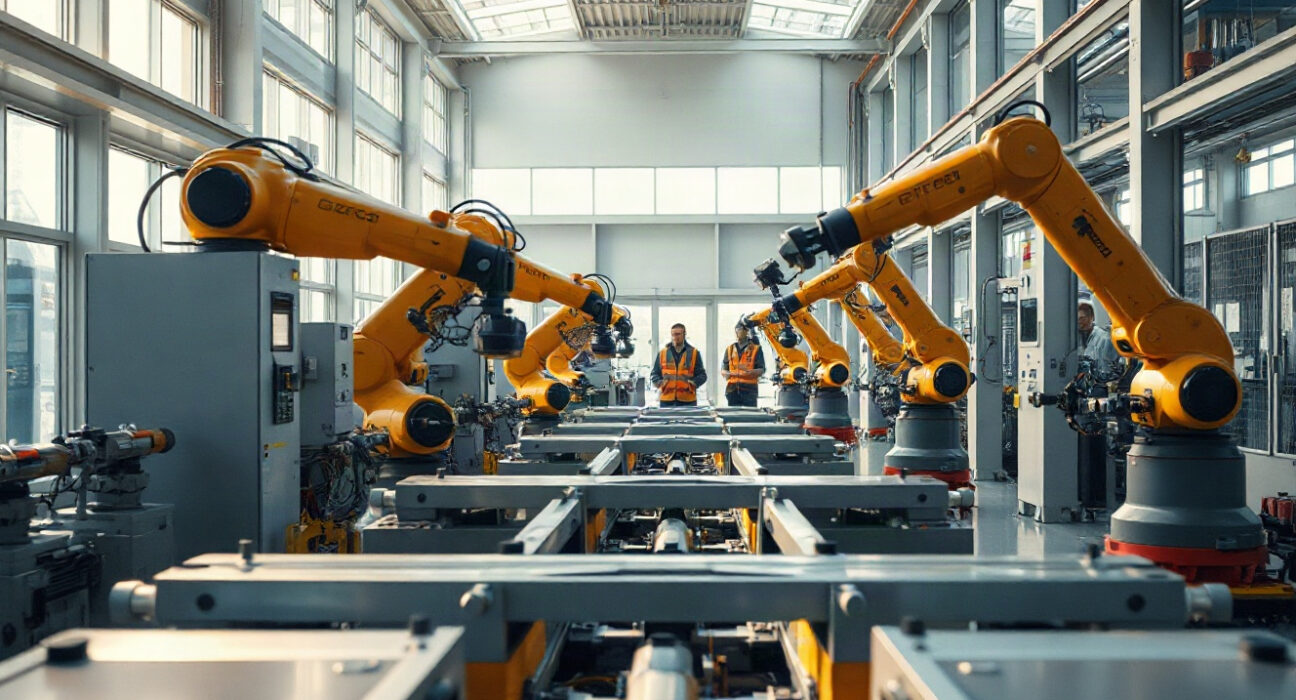 Modern Swiss manufacturing facility with automated machinery and workers in background