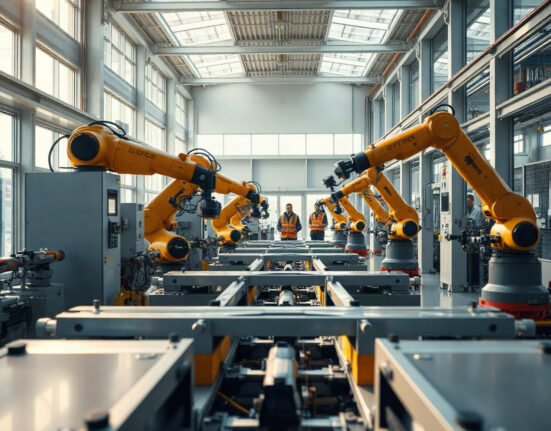 Modern Swiss manufacturing facility with automated machinery and workers in background