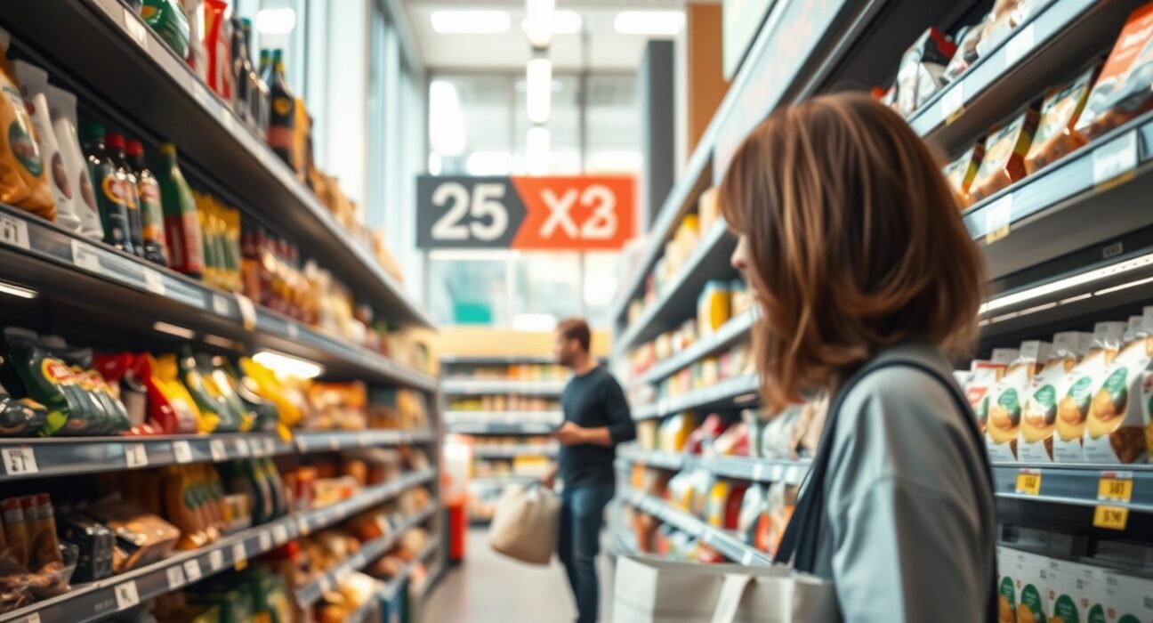 Shopper looking at price tags in a Swiss grocery store, representing inflation and CPI data.