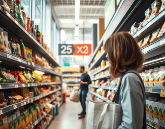 Shopper looking at price tags in a Swiss grocery store, representing inflation and CPI data.