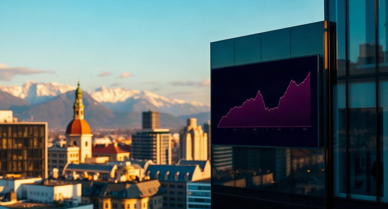 Zurich skyline with Swiss Alps in background and an upward-trending chart on a digital screen