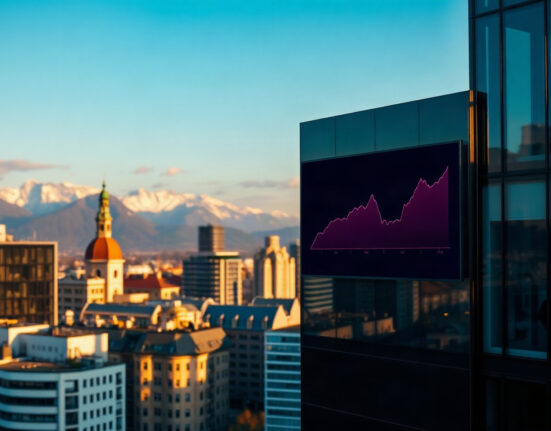 Zurich skyline with Swiss Alps in background and an upward-trending chart on a digital screen