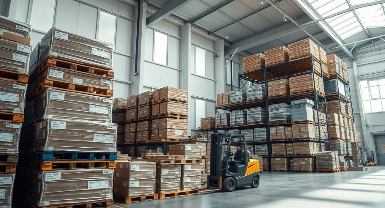 Interior of a Swiss warehouse with stacked pallets and a forklift, representing producer and import price trends.