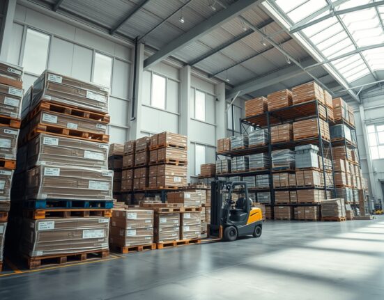 Interior of a Swiss warehouse with stacked pallets and a forklift, representing producer and import price trends.