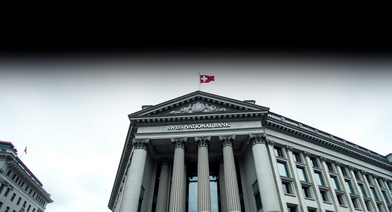 Swiss National Bank building in Bern under overcast sky, representing economic deflationary pressures.