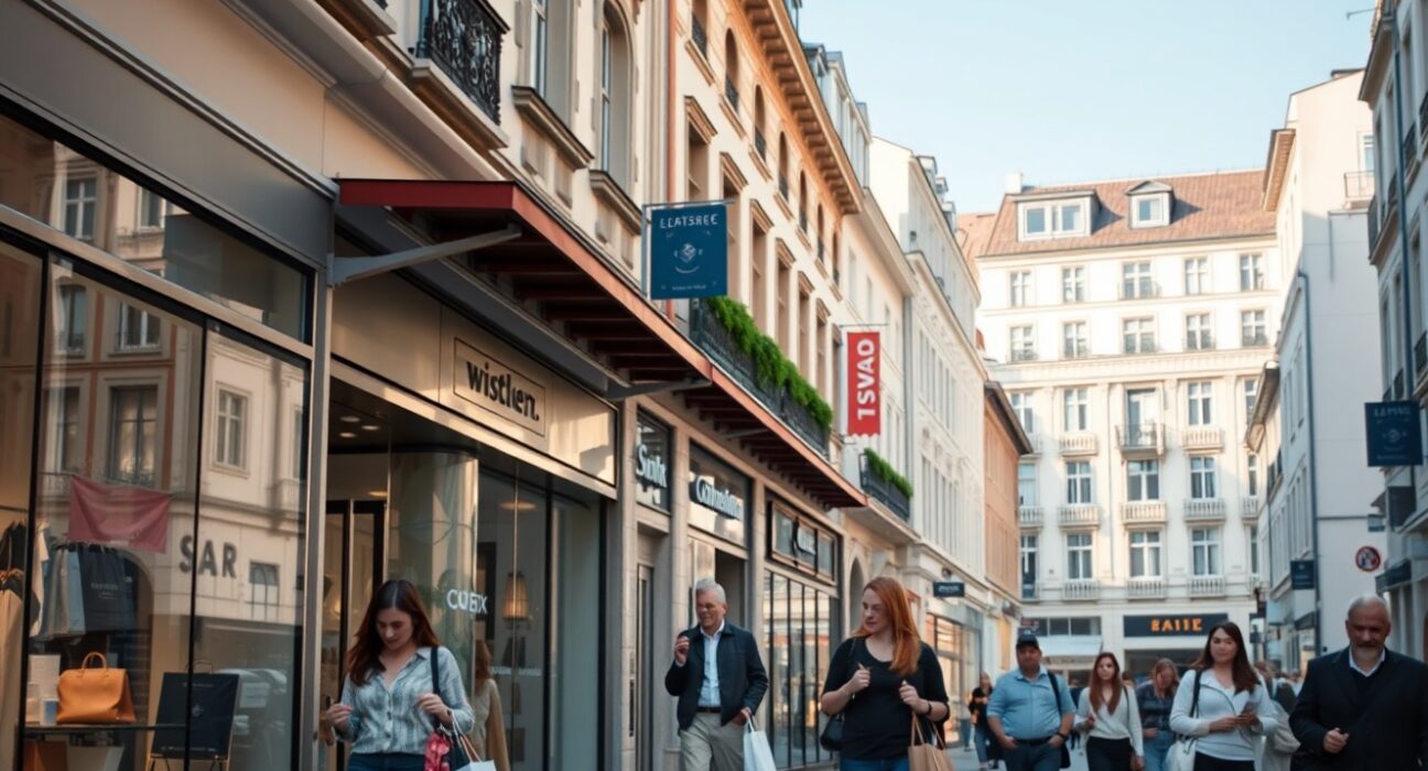 Shoppers on a busy retail street in Switzerland, reflecting strong consumer spending.